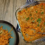 baked creamy spaghetti in baking dish