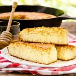 3 slices of sweet cornbread on a plate